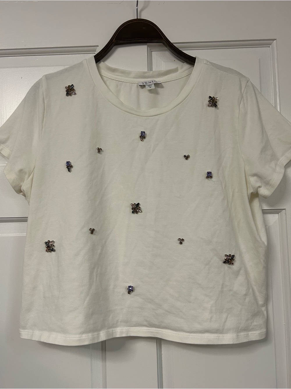 VENUS White Crewneck Tee with Rhinestones